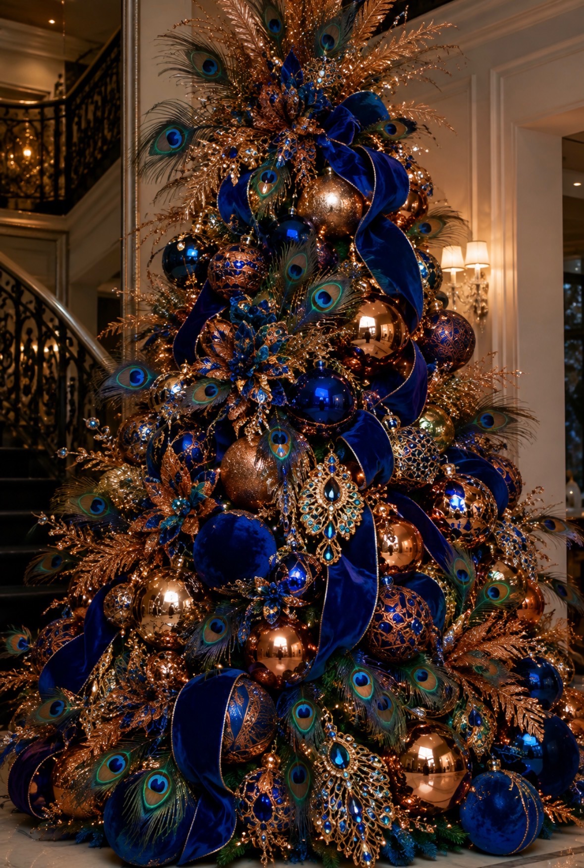 Peacock inspired custom holiday tree in a commercial space by Design House